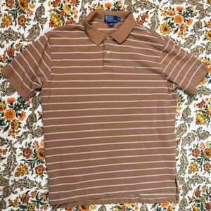 VTG Polo Ralph Lauren Mens XL Brown White Striped Short Sleeve Cotton Polo Shirt
